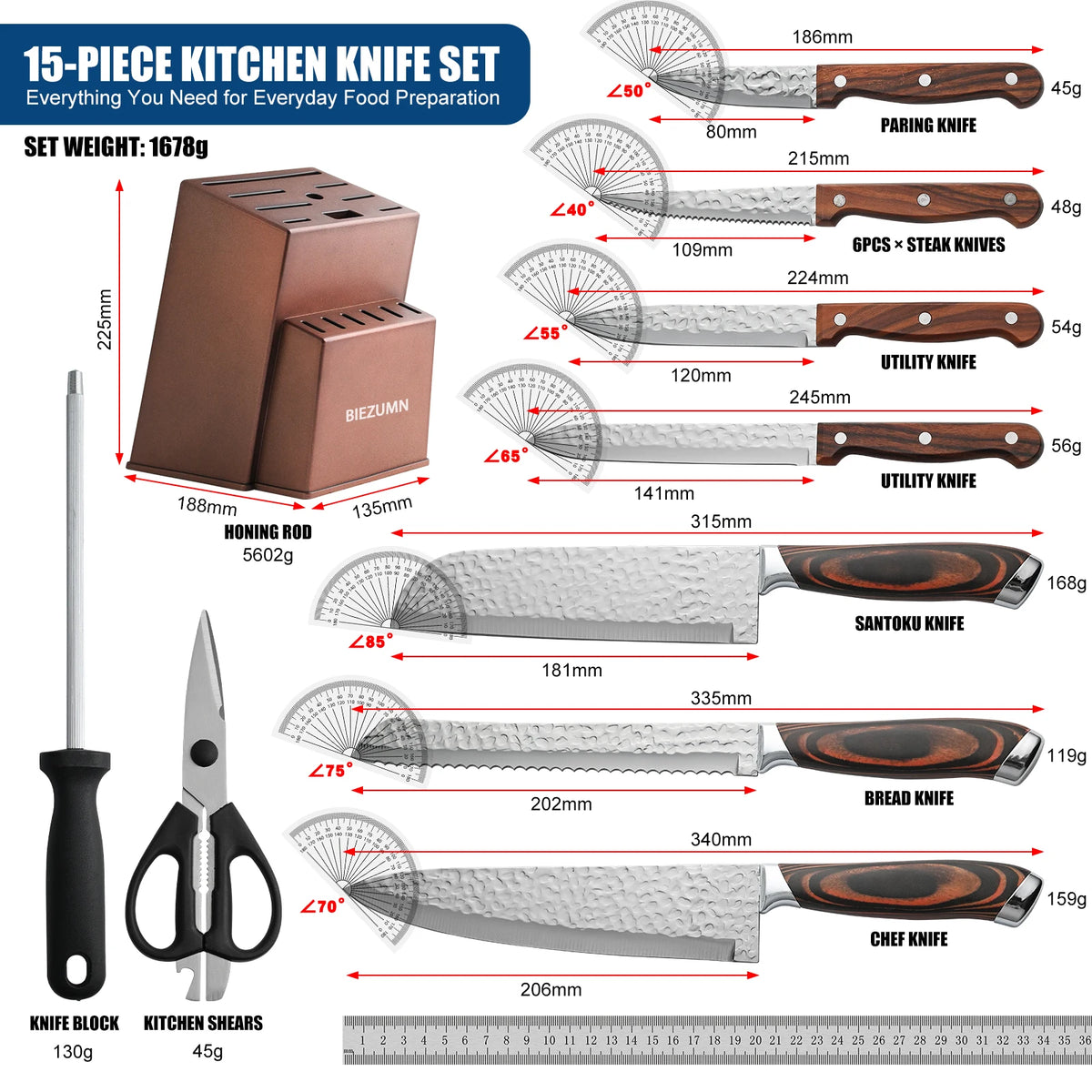 15 Pieces Hammered Stainless Steel Kitchen Knife Set