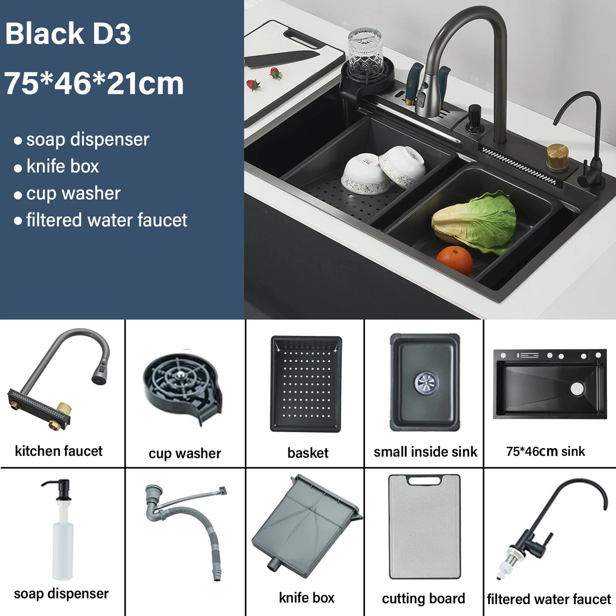 Stainless Steel Kitchen Sink Double Waterfall Single Slot Digital Display